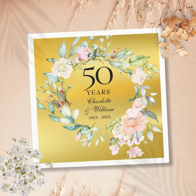 Floral Garland Gold Foil 50th Wedding Anniversary Napkin (Floral Garland Gold Foil 50th Wedding Anniversary Napkins)