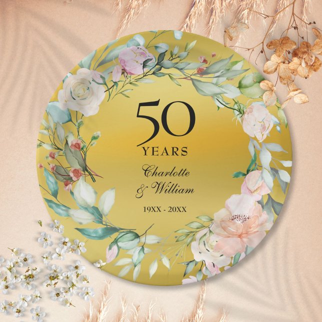 Floral Garland Gold Foil 50th Wedding Anniversary Paper Plate (Floral Garland Gold Foil 50th Wedding Anniversary Paper Plates)