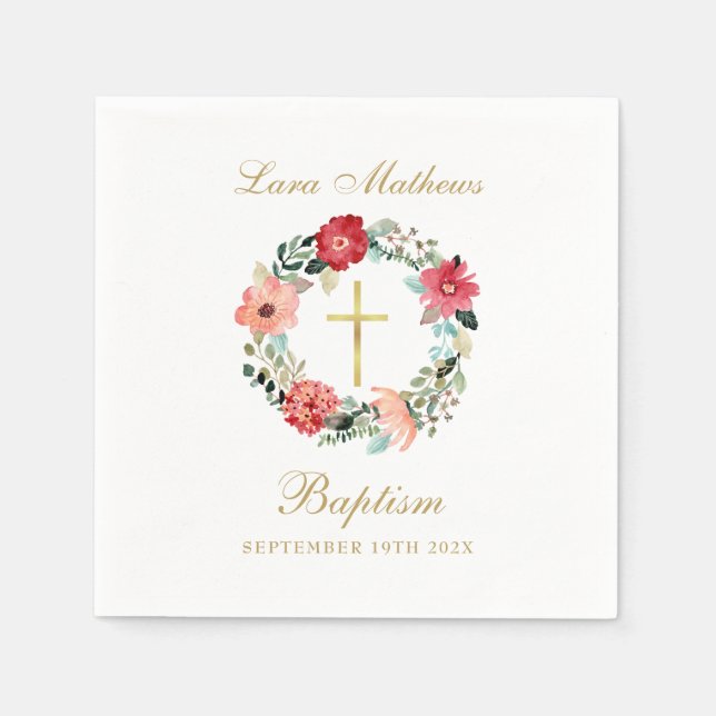 Floral Garland Gold Script Baptism Christening Napkin (Front)