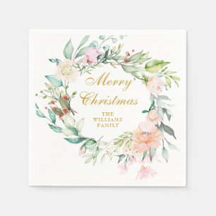 Floral Garland Merry Christmas Holiday Party Napkin