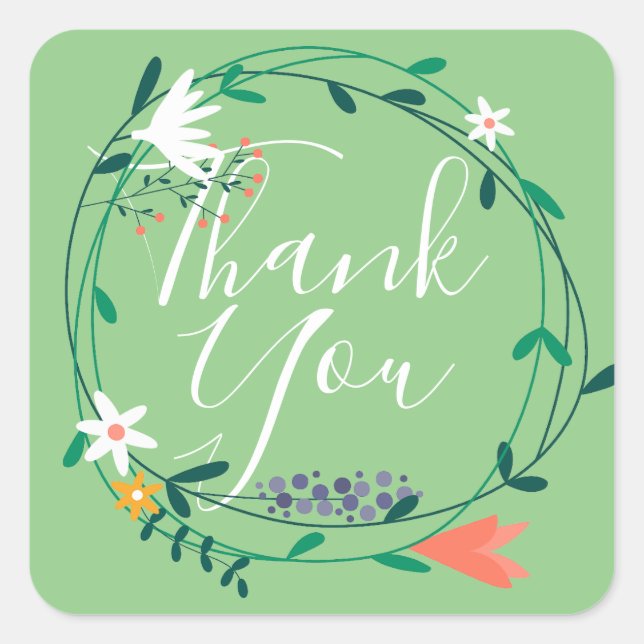 Floral Garland Script Thank You Square Sticker (Front)