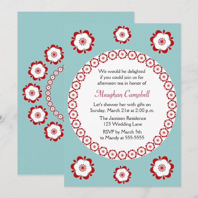 Floral Garland Teal Red Bridal Shower Invitation (Front/Back)
