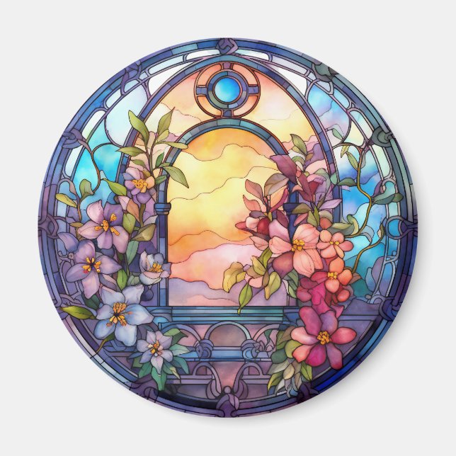 Floral Garland with Sunset Faux Stained-Glass Magnet (Front)