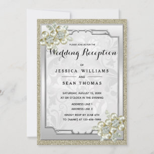 Floral Gem Framed, Gold & Silver Wedding Reception Invitation