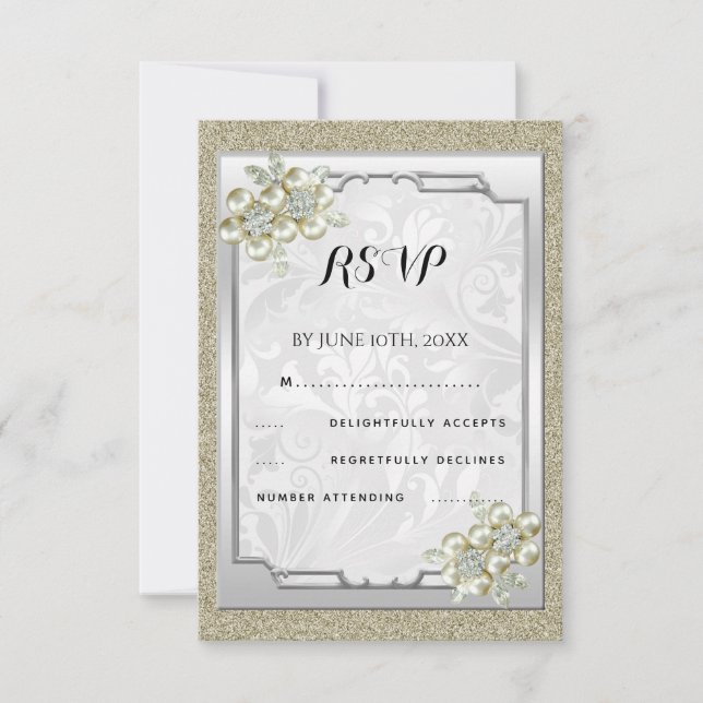 Floral Gem Framed, Gold & Silver Wedding RSVP (Front)
