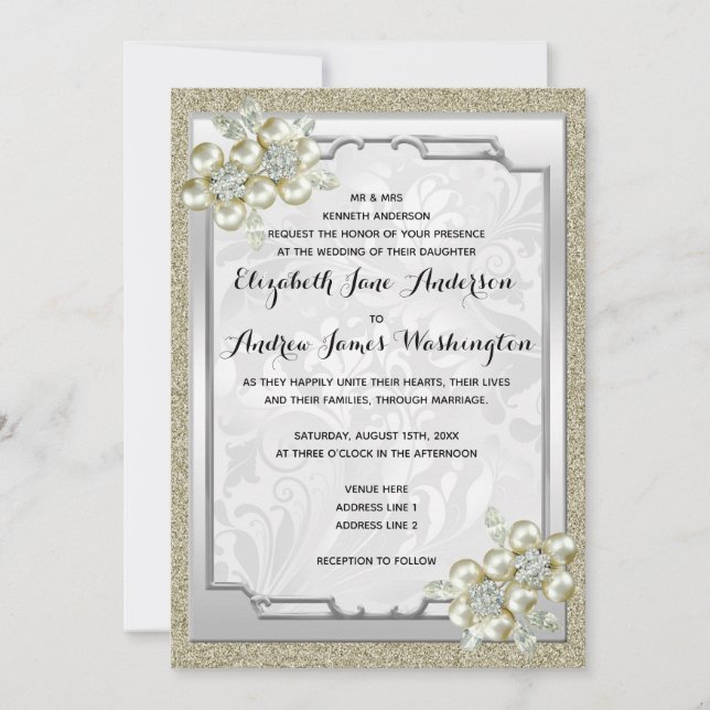 Floral Gem Silver Framed, Gold & Silver Wedding Invitation (Front)