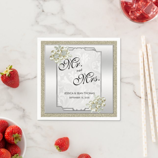 Floral Gem Silver Framed, Gold & Silver Wedding Napkin (Insitu)