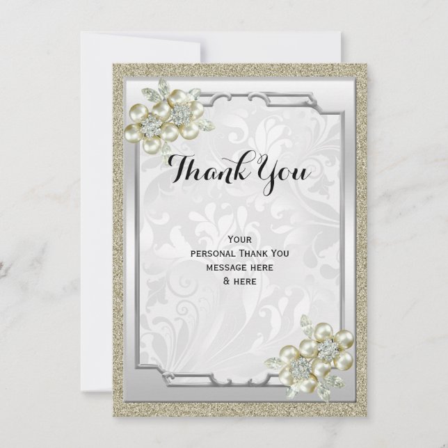 Floral Gem Silver Framed, Gold & Silver Wedding Thank You Card (Front)