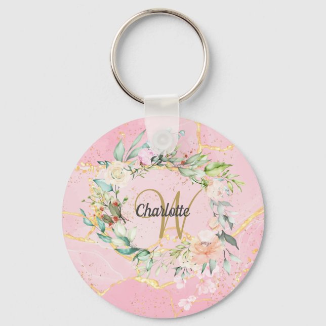 Floral Geode Agate Gold Script Monogram  Key Ring (Front)