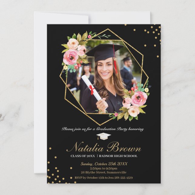Floral Geometric Black and Gold Graduation Photo Invitation (Front)
