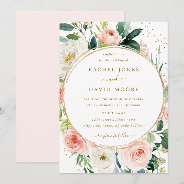 Floral Geometric Blush Gold Wedding Invitation (Front/Back)