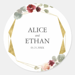 Floral Geometric Burgundy And Greenery Wedding Classic Round Sticker