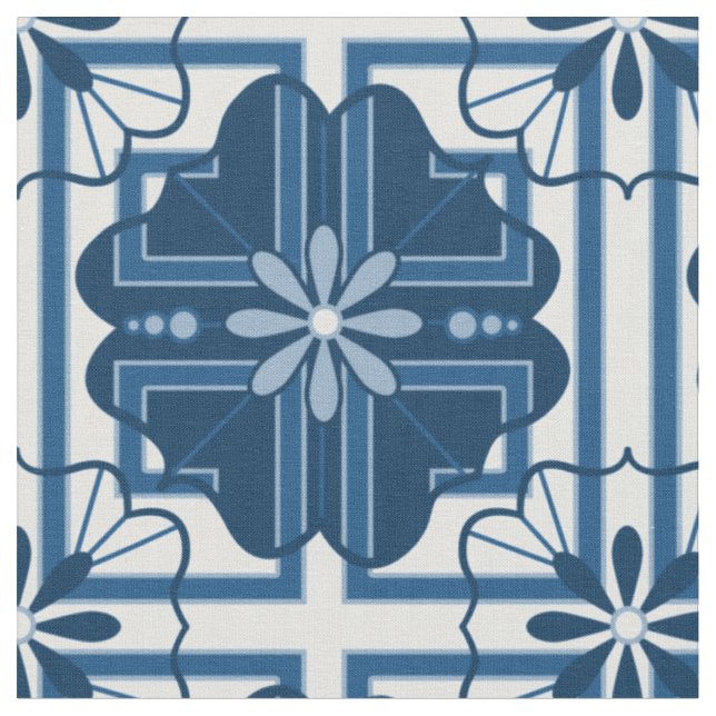 Floral Geometric Classic Blue Fabric (Close Up)
