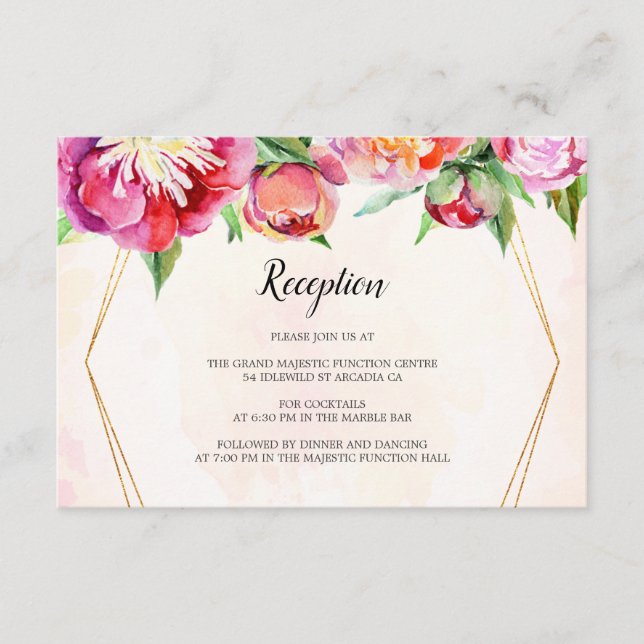 Floral Geometric Coral Peony Wedding Reception Enclosure Card (Front)