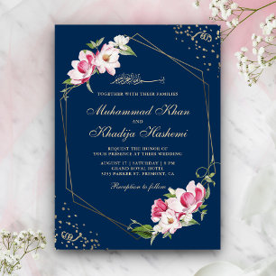 Floral Geometric Frame Navy Blue Islamic Wedding Invitation