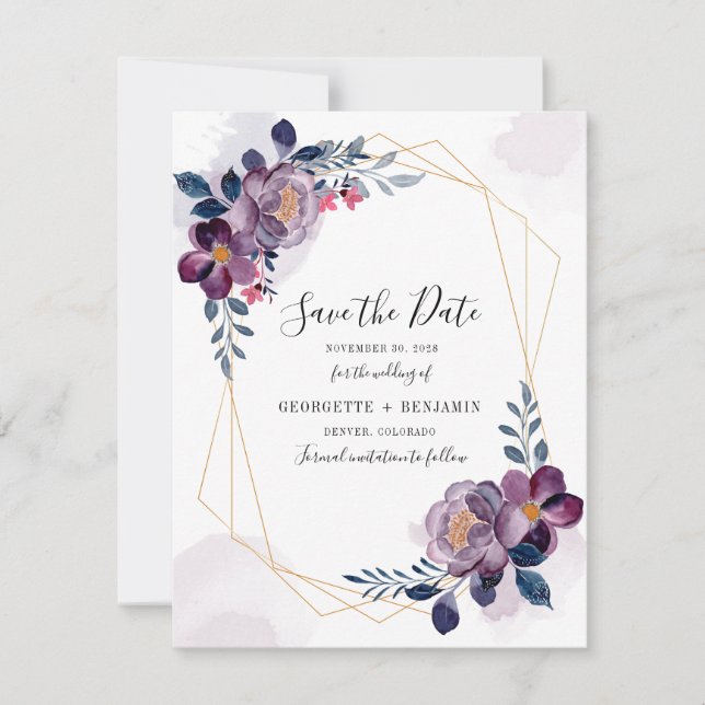 Floral Geometric Frame Purple Flowers Save Date (Front)