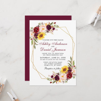 Floral Geometric Gold Frame Burgundy Wedding Invitation