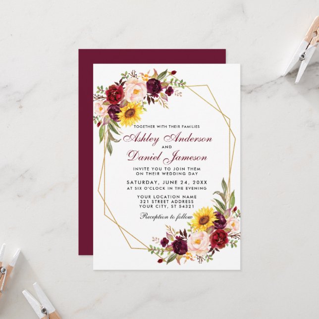 Floral Geometric Gold Frame Burgundy Wedding Invitation (Front/Back In Situ)