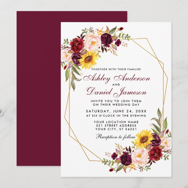 Floral Geometric Gold Frame Burgundy Wedding Invitation (Front/Back)
