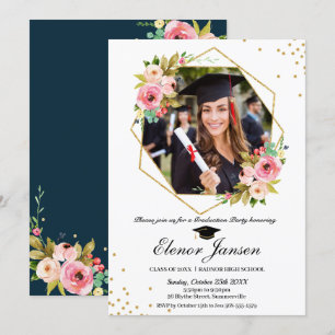 Floral Geometric Gold Glitter Graduation Photo Invitation