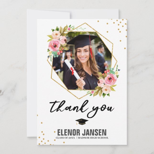Floral Geometric Graduation Hand Lettering Photo Thank You Card (Front)