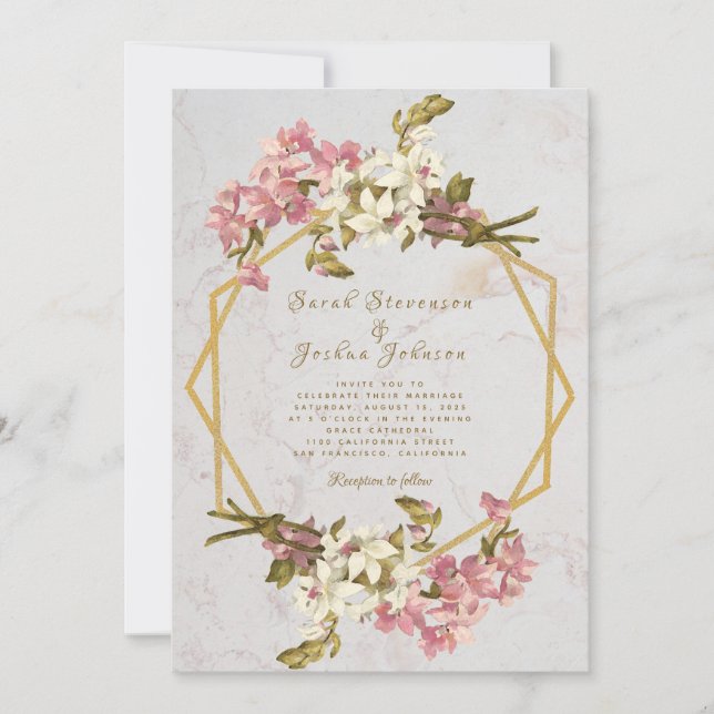 Floral Geometric Marble Gold and Flowers Wedding Invitation (Front)