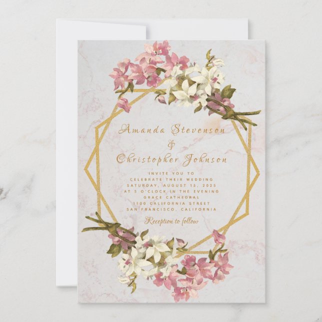 Floral Geometric Marble Gold and Orchids Wedding Invitation (Front)