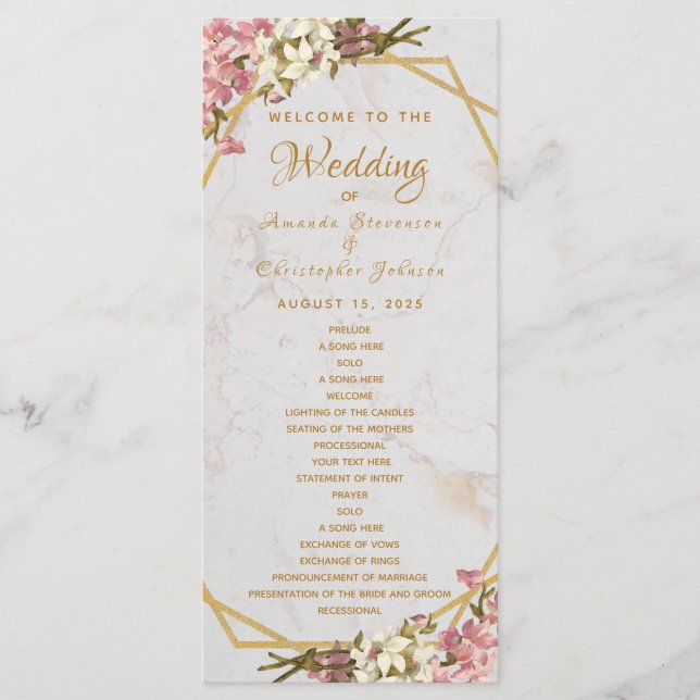 Floral Geometric Marble Gold and Orchids Wedding Programme (Front)