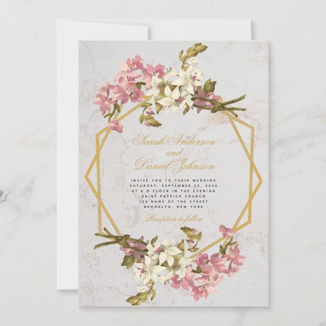 Floral Geometric Marble Gold Pink Orchids Wedding Invitation (Front)
