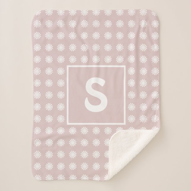 Floral Geometric Pattern Single Initial Girly Pink Sherpa Blanket (Front)