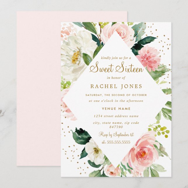 Floral Geometric Pink Blush Gold Sweet Sixteen Invitation (Front/Back)