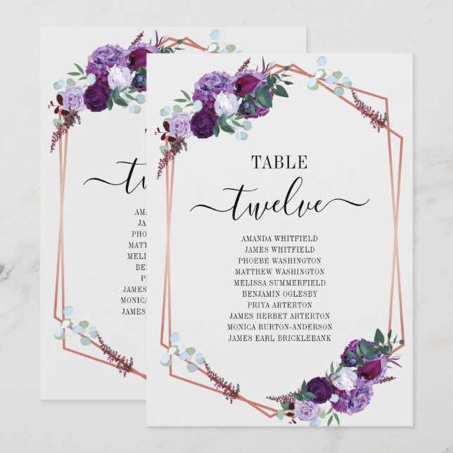 Floral Geometric Purple Bloom Wedding Seating Card (Front/Back)