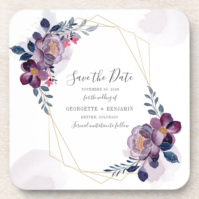 Floral Geometric Purple Wedding Save the Date Coaster (Front)