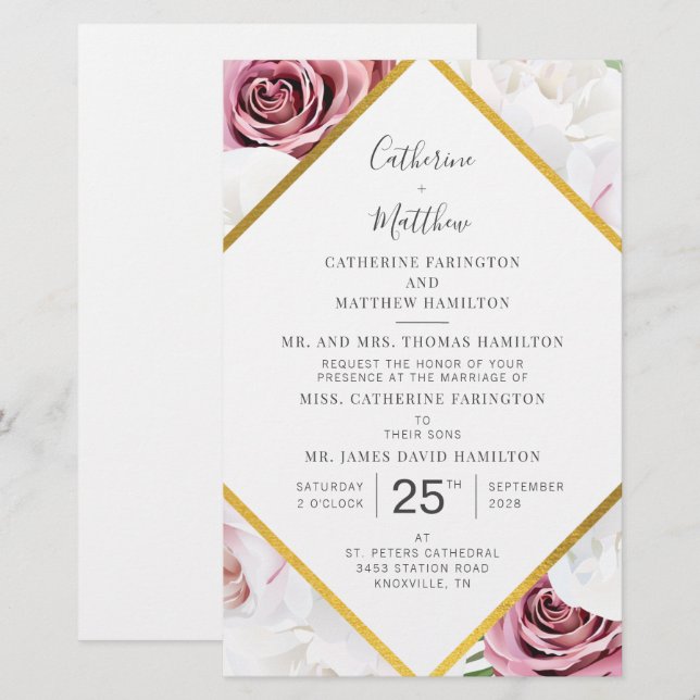 Floral Geometric Script Wedding Invitation Card (Front/Back)