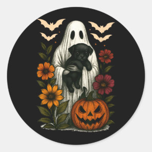 Floral Ghost Black Dog Coquette Funny Halloween Classic Round Sticker