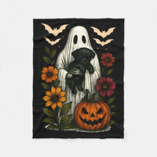 Floral Ghost Black Dog Coquette Funny Halloween Fleece Blanket
