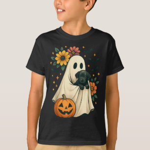 Floral Ghost Black Dog Coquette Funny Halloween T-Shirt