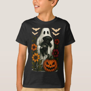 Floral Ghost Black Dog Coquette Funny Halloween T-Shirt