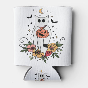 Floral Ghost Cat With Pumpkin Face Funny Cat Lover Can Cooler