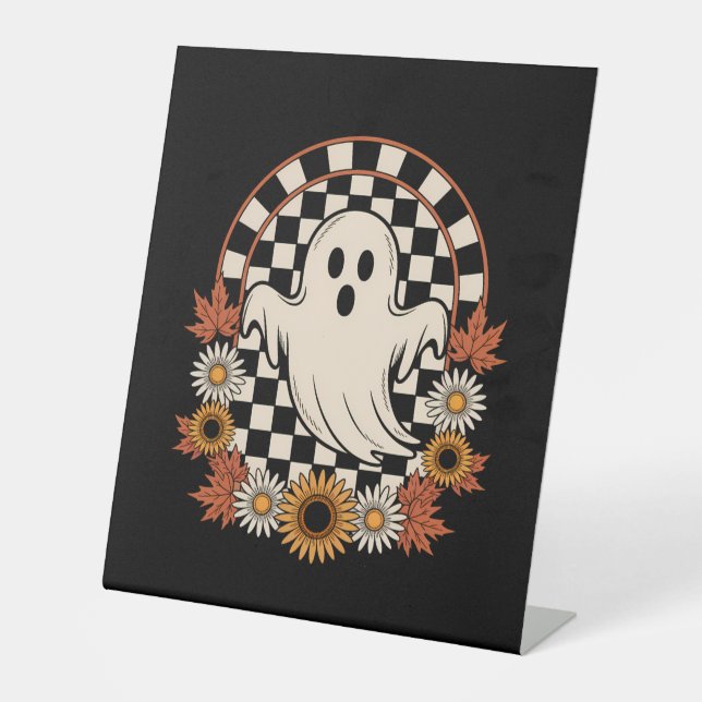 Floral Ghost Fall Boho Halloween Pedestal Sign (Front)