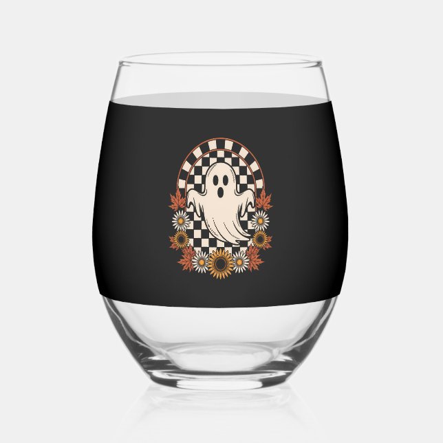 Floral Ghost Fall Boho Halloween Stemless Wine Glass (Front)