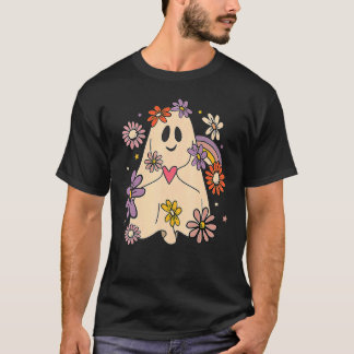 Floral Ghost Groovy Halloween Retro Flowers Rainbo T-Shirt