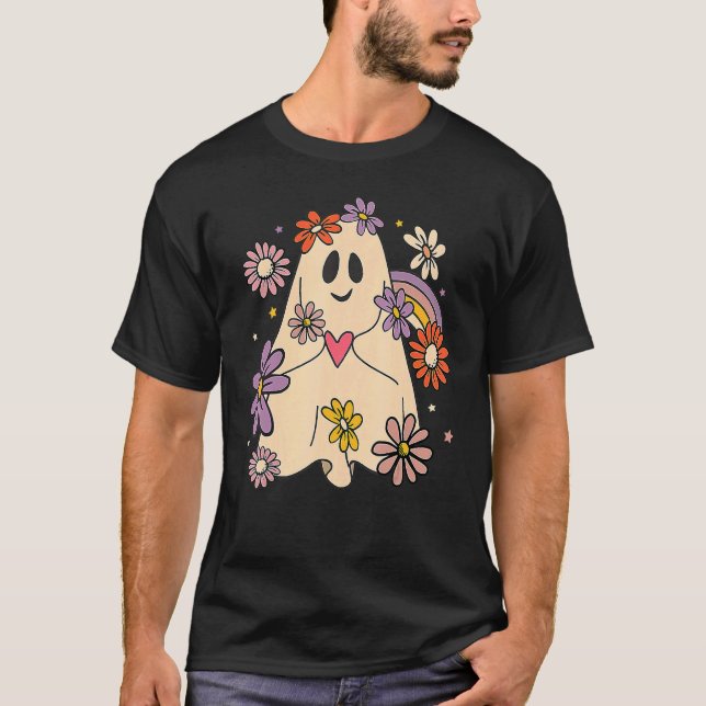 Floral Ghost Groovy Halloween Retro Flowers Rainbo T-Shirt (Front)