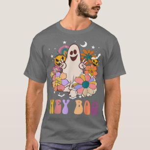 Floral Ghost Hey Boo Retro Hippie Halloween Trick T-Shirt