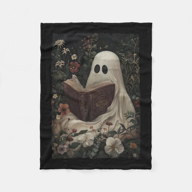 Floral Ghost Reading Book Halloween Costume Gothic Fleece Blanket (Front)