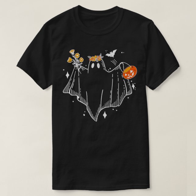 Floral Ghost with Pumpkin Cute AutumnHalloween Par T-Shirt (Design Front)