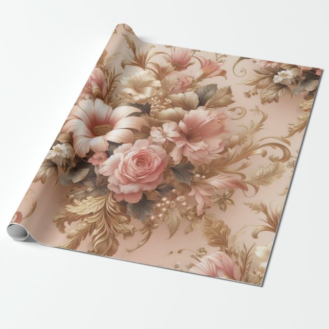 Floral Gift Wrapping Paper, Blush Pink Gold Blush Paper (Unrolled)