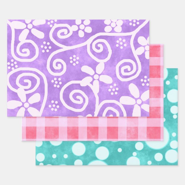Floral Gingham Dots Multi-Colour Pattern Decoupage Wrapping Paper Sheet (Set)