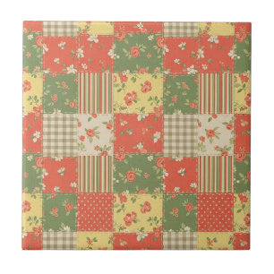 Floral Gingham Patchwork Vintage Farmhouse Look Tile