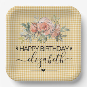 Floral Gingham Plaid Happy Birthday Paper Plates